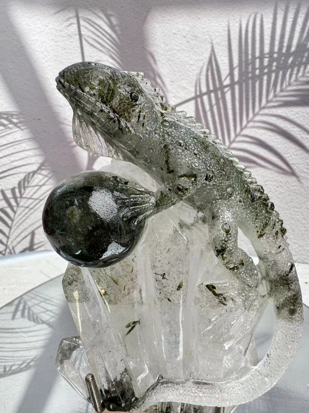 Green tourmaline crystal engraved lizard