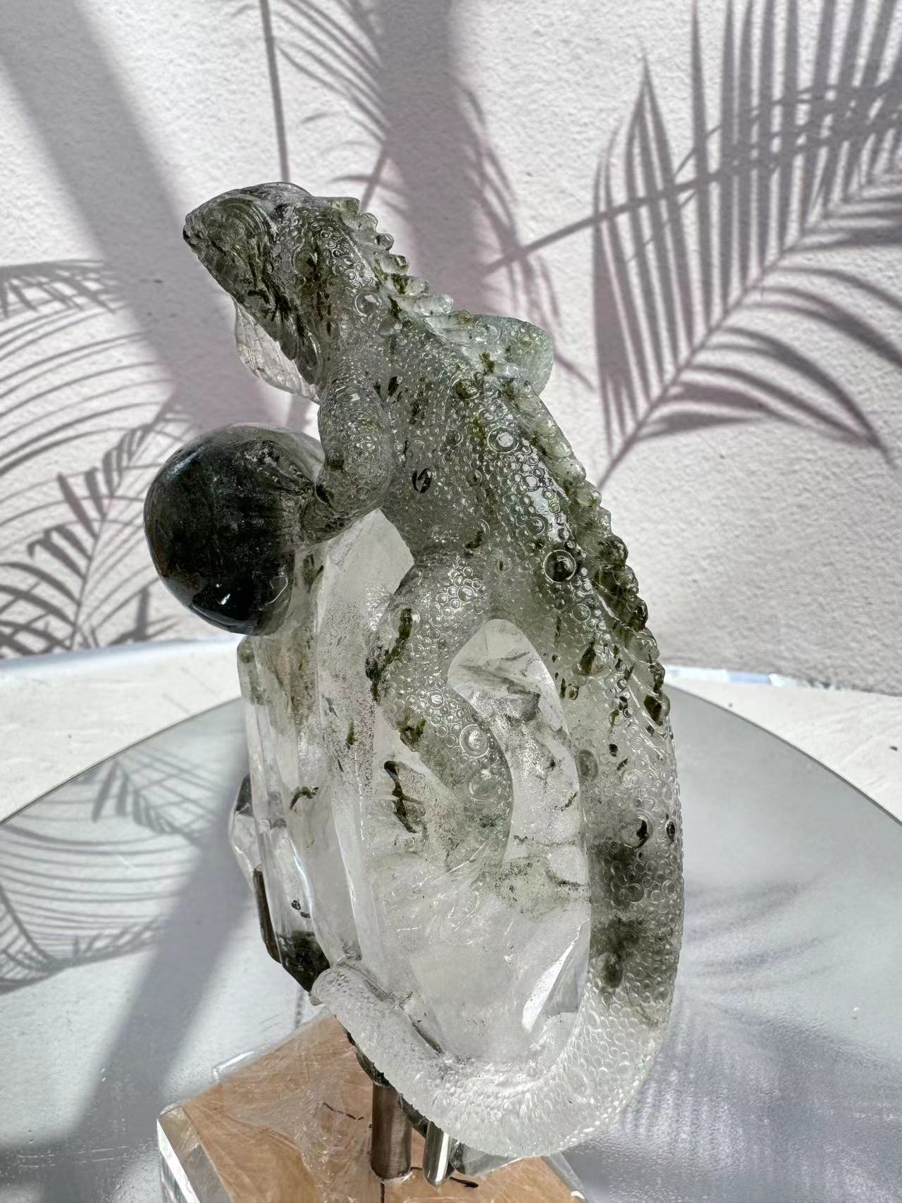 Green tourmaline crystal engraved lizard