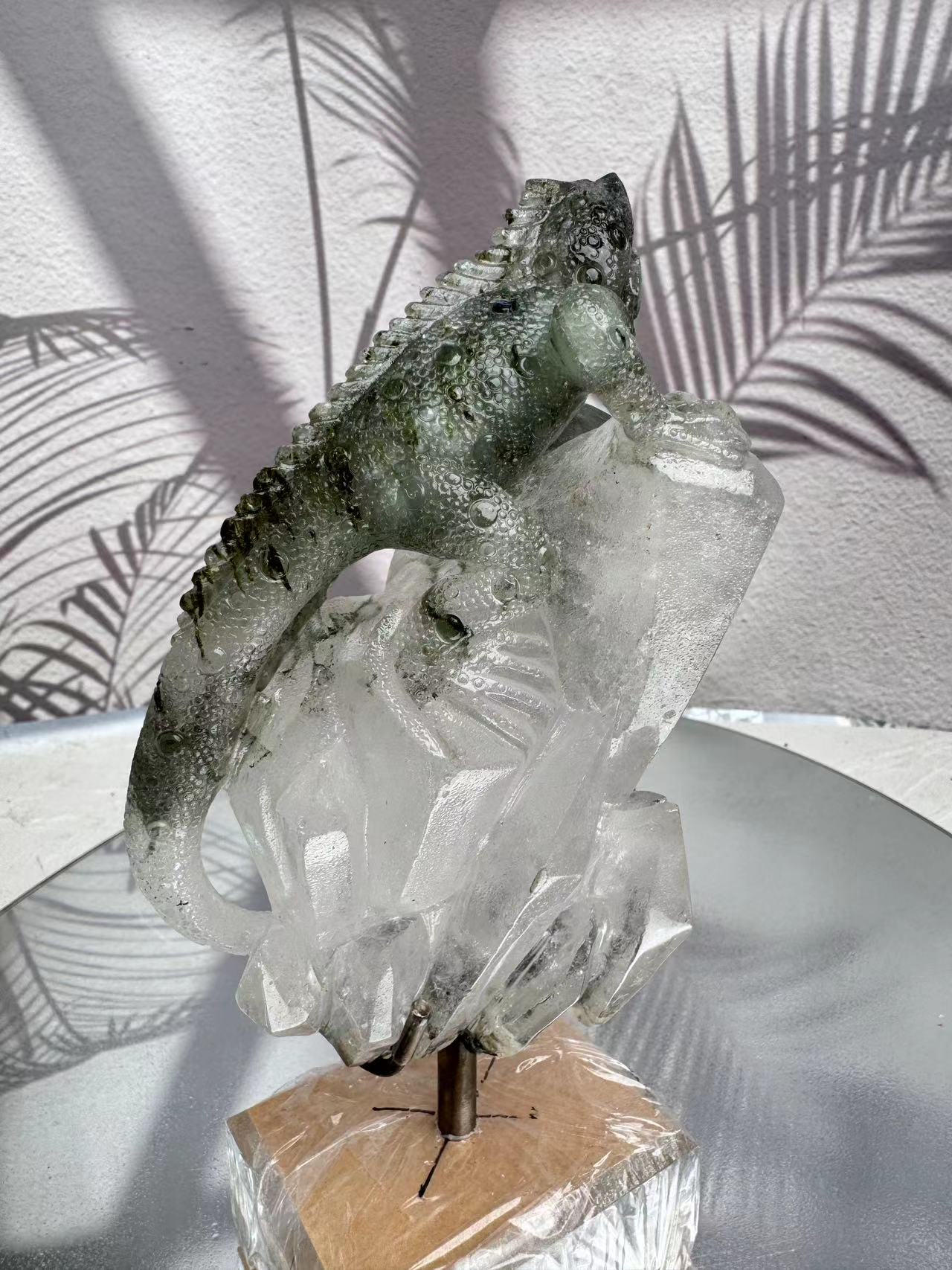 Green tourmaline crystal engraved lizard