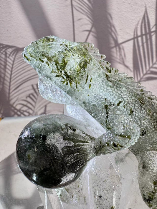 Green tourmaline crystal engraved lizard