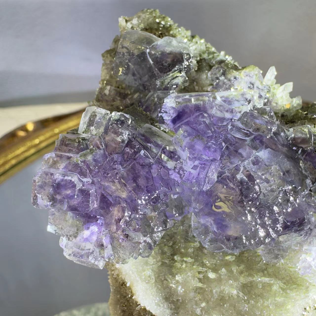 Crystal and purple fluorite and pyrite intergrowth. Produced in Yaogangxian mining area, Hunan, China.