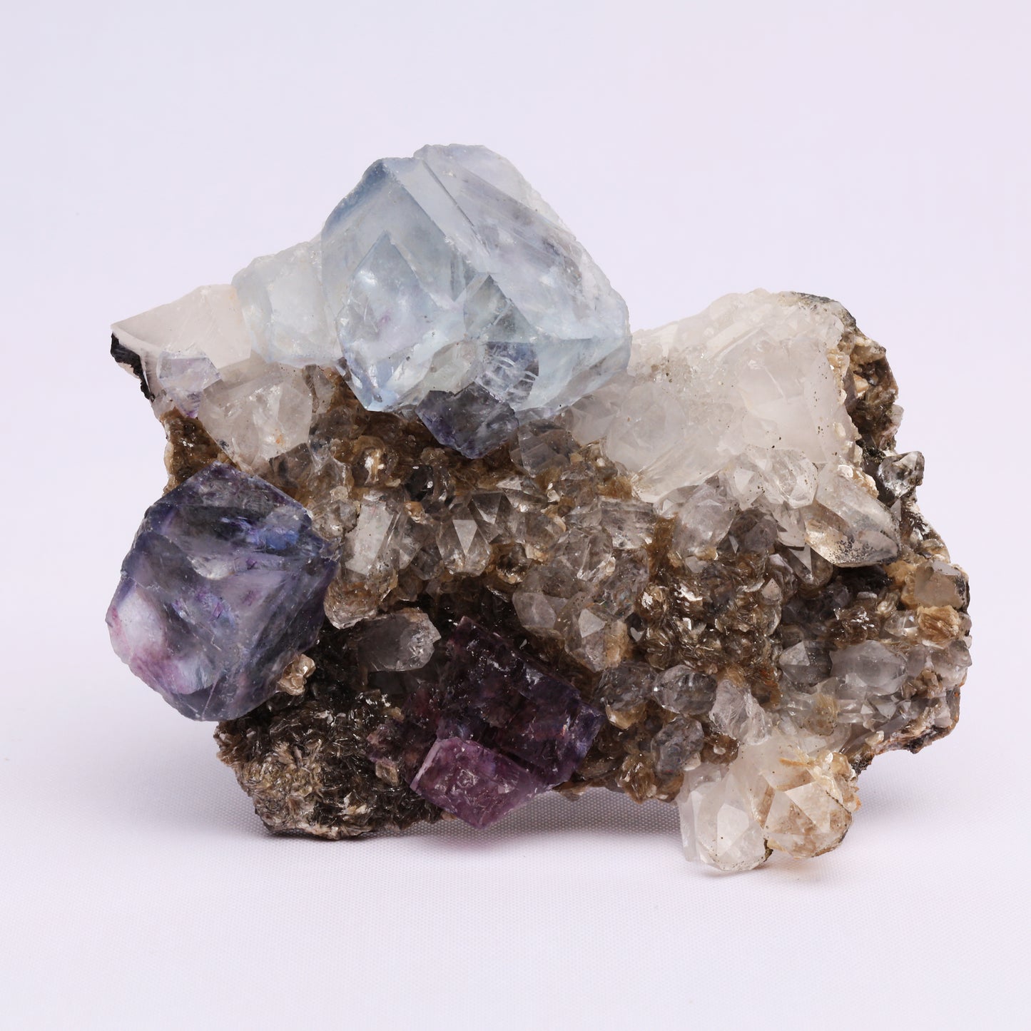 Blue fluorite purple fluorite crystal symbiosis.