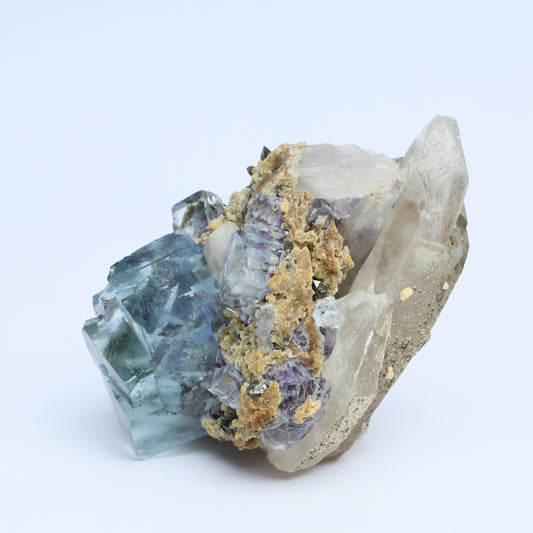 Symbiosis of fluorite crystal, calcite and black tungsten.